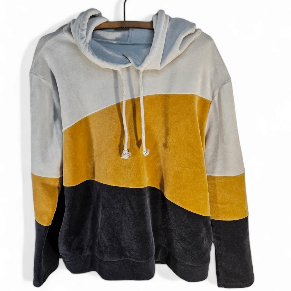 Mens Large 70's Colorblock Plush Velour Hoodie